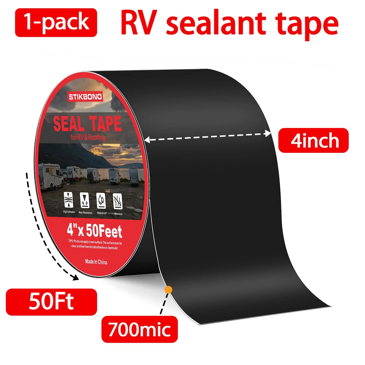 STIKBOND 4" x 50Ft 1-Pack Black RV Sealant Tape,Waterproof Commercial Roof Tape for Walls, Appliances, Vehicle Repairs, and Weatherproof
