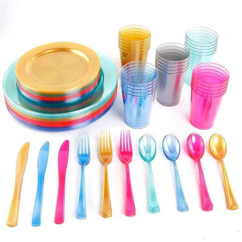 Blue Party Dinnerware Set 25 Plates, 25 Salad Plates, 25 Forks, Knives, Spoons & 150 Cups – Disposable Plastic