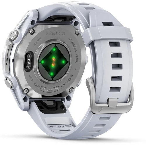 Garmin 010-02903-00 Fenix 8 43 mm, AMOLED, Silver with Whitestone Silicone Band Bundle with Tech Smart USA Fitness & Wellness Suite + Round Tempered Glass Screen Protector