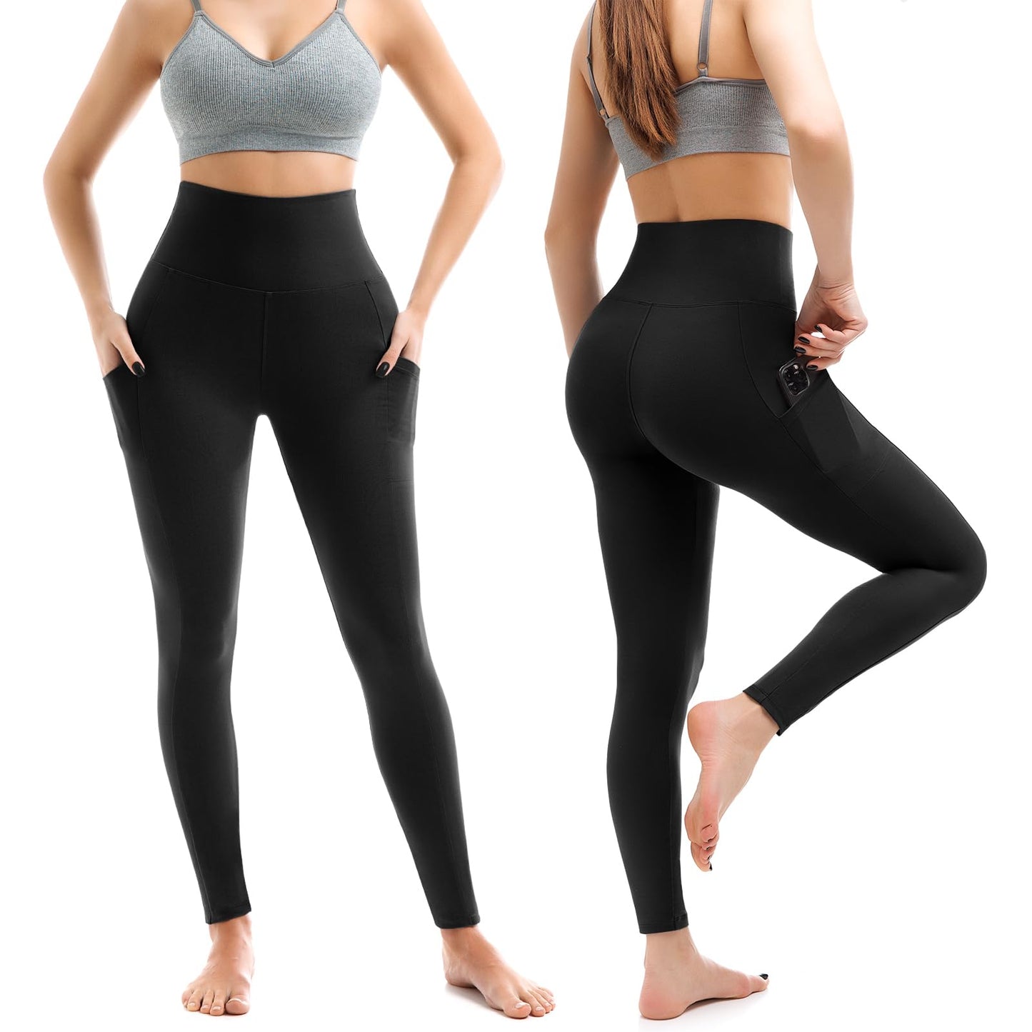 Leafigure 2 Packs Leggings with Pockets for Women, High Waisted Tummy Control Workout Leggings for Gym Black/Pink LXL