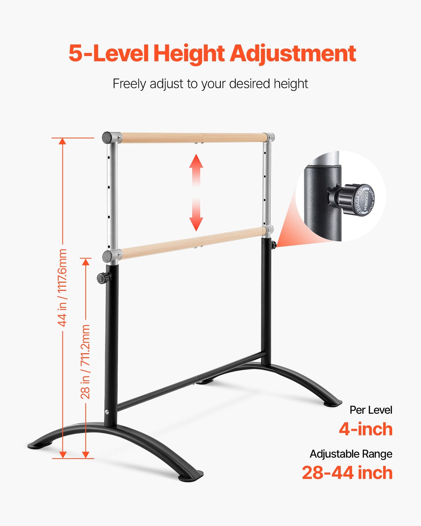 VEVOR Ballet Barre, 4 Ft Barre Bar for Home, Freestanding Portable Ballet Stretching Dance Bars, Height Adjustable Anti-Wobble Fitness Gym Studio Equipment, for Pilates Balance Workout