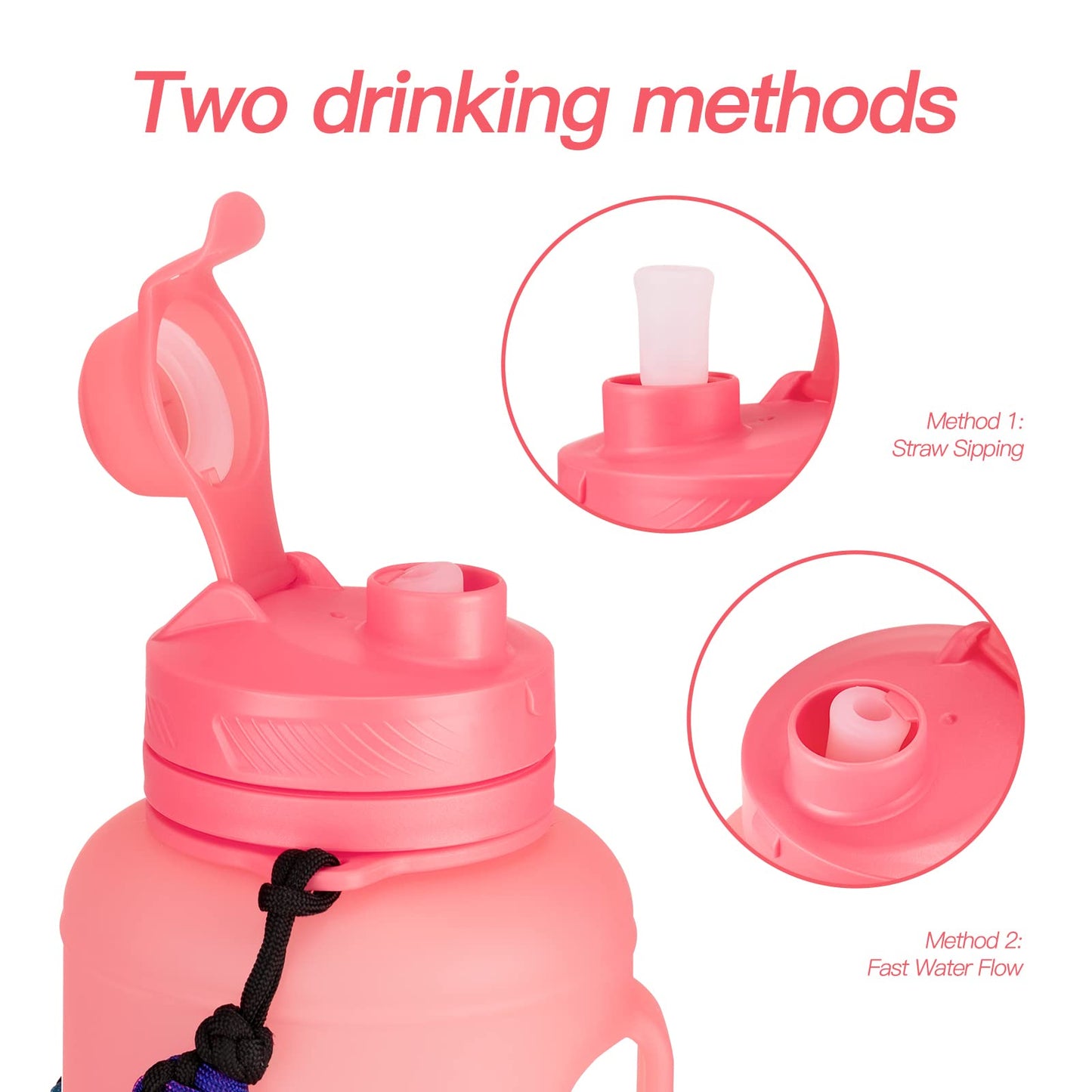 TakeToday 68 oz Collapsible Water Bottles With Straw, Half Gallon Water Bottle With Motivational Time Marker, Large Reusable Silicone Water Jug With Paracord Handle For Sports, Outdoors (Pink)