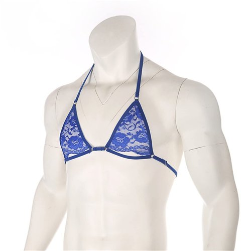 Men's Sissy Halter Strappy Bra Lace Sheer Crossdressing Bralette See Through Cage Tops Underwear Lingerie (Blue 1,X-Large)