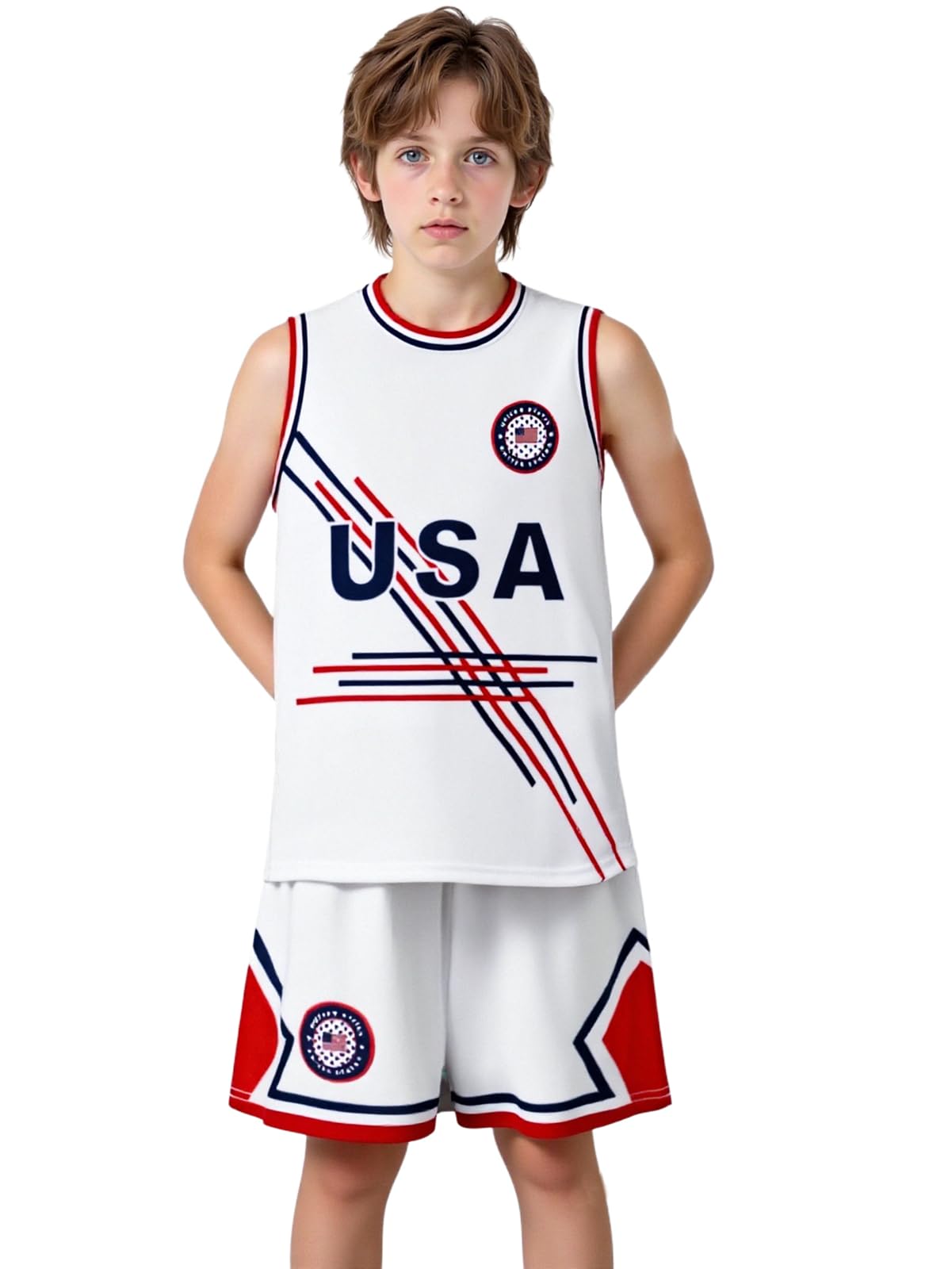 shanovelle USA American Flag Kids Boys Basketball Jersey Tracksuit Sleeveless Tank Top and Mesh Shorts Set (AGE 10-12, White)