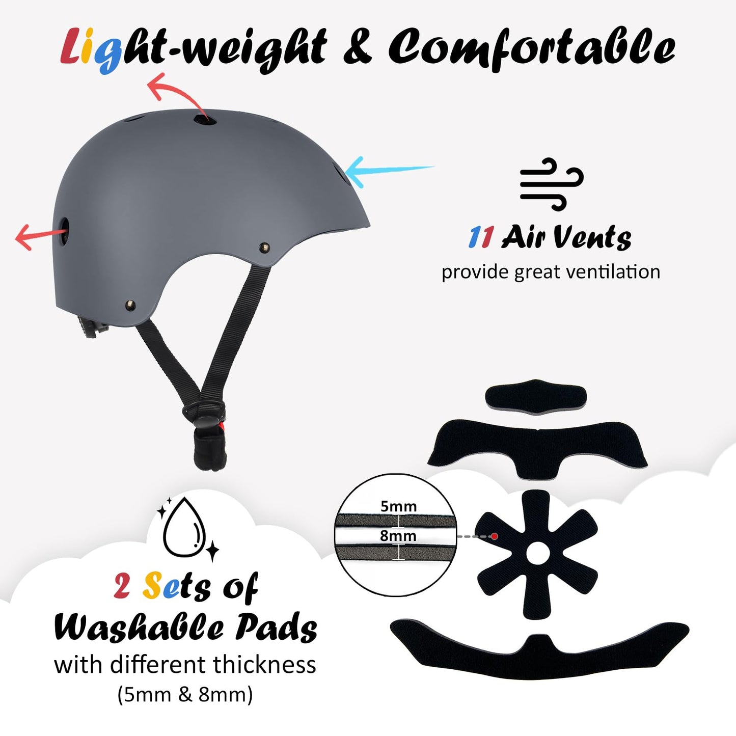 Kids Bike Helmet, Adjustable and Multi-Sport, from Toddler to Youth, 3 Sizes (Gray)