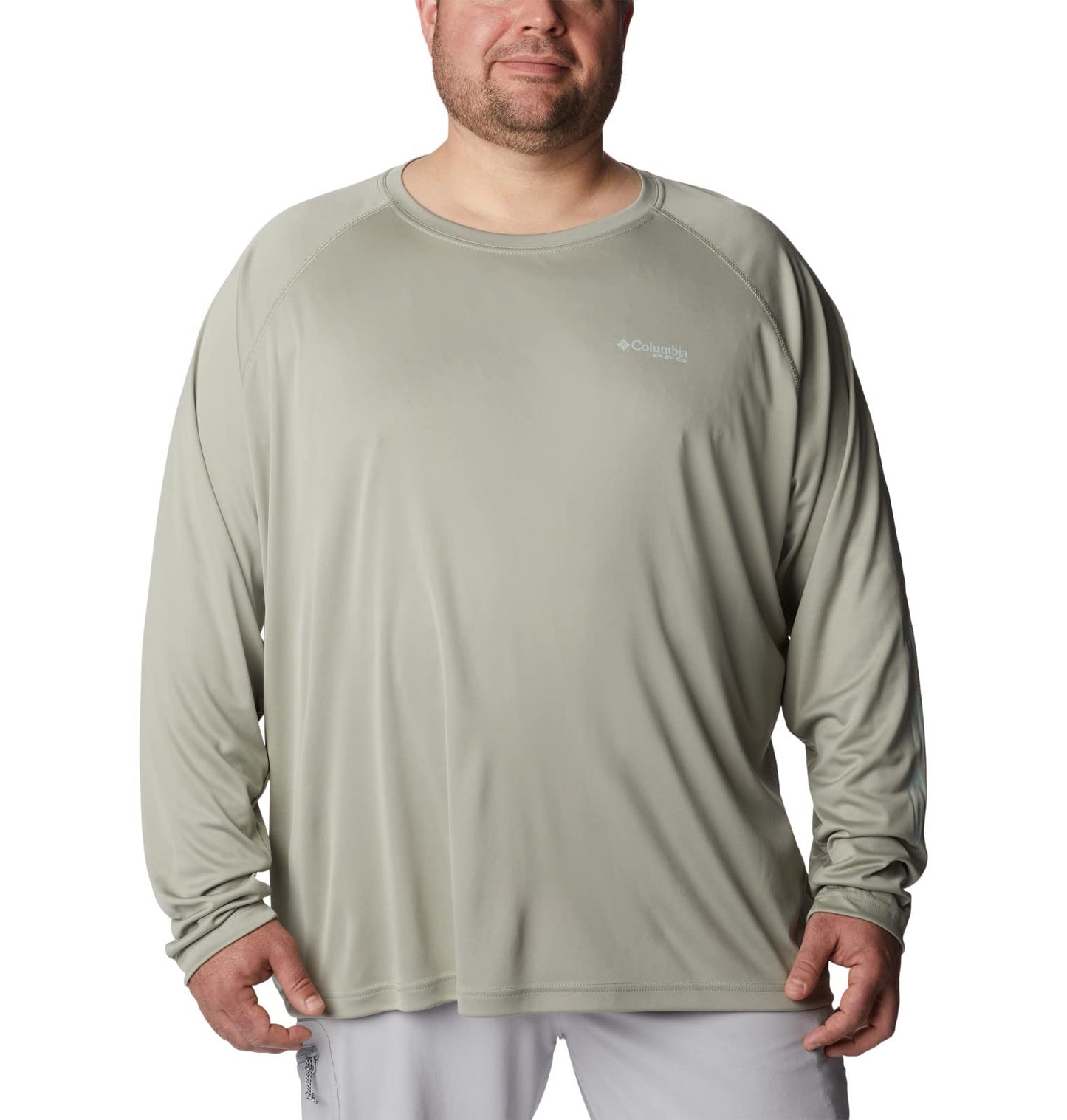 Columbia Men's Terminal Tackle Long Sleeve Shirt, Safari/Cool Green Logo, X-Large Tall