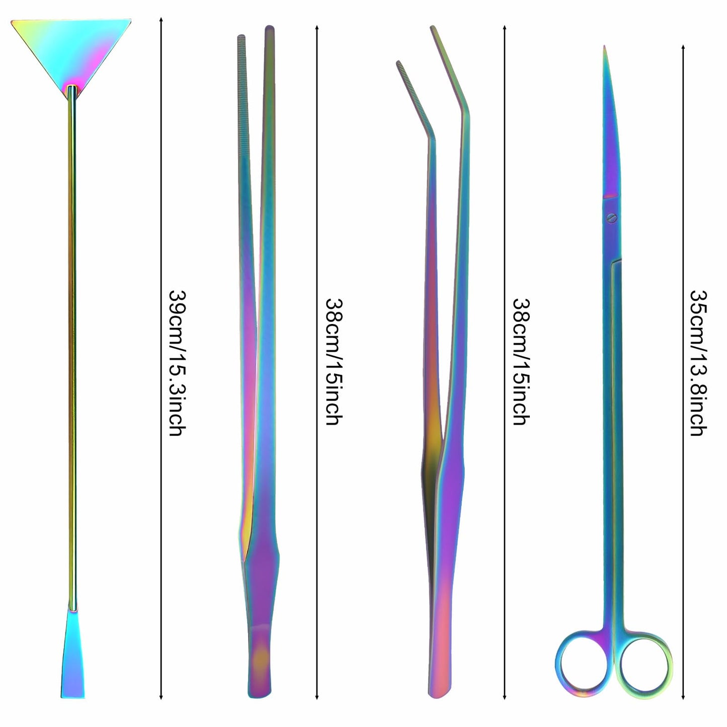 Funnytek 15Inch Extra Long Design Aquarium Aquascaping Tool Stainless Steel Aquascape Tool Kit 4 in 1 Anti-Rust Fish Tank Starter Kit with Long Tweezers Scissors Spatula for Aquarium Plants (Colorful)