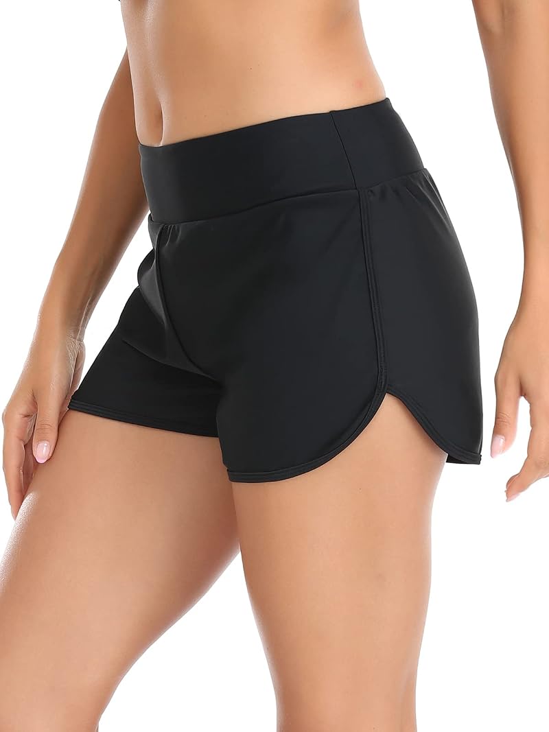 Relleciga Women's High Waist Swim Shorts with Built-in Brief - Black, Medium