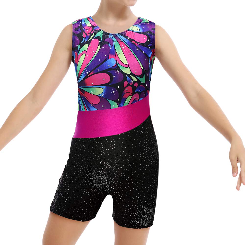 HOZIY Girls Gymnastics Leotards With Shorts Dance Sparkle Size 7-8 Years Old Rose Red Stripe