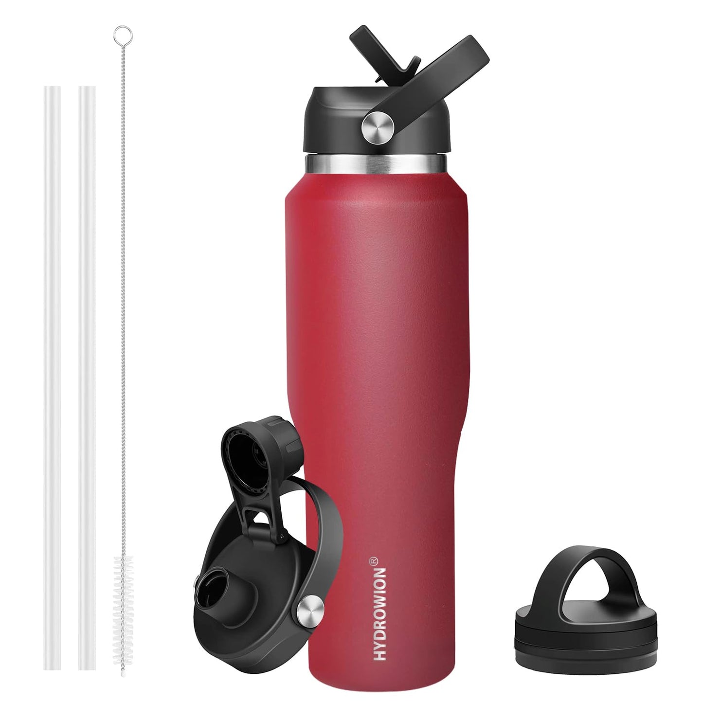 HYDROWION Water Bottle Stainless Steel,Vacuum Insulated Leak Proof Tumbler 32oz with Straw Lid, Spout Lid and Flex Cap(Cold for 48 Hrs, Hot for 24 Hrs), Fit in Any Car Cup Holder, Red