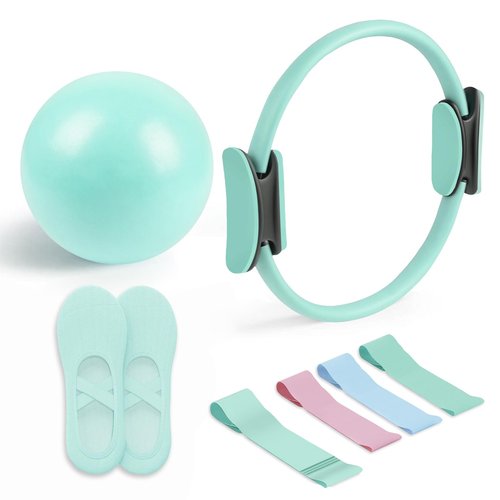 Pilates Essential Kit - Portable Fitness Equipment - with Toning Pilates Ring & Long Resistance Bands & Pilates Loop Bands & Soft Pilates Ball & Pilates Grip Socks (Green)