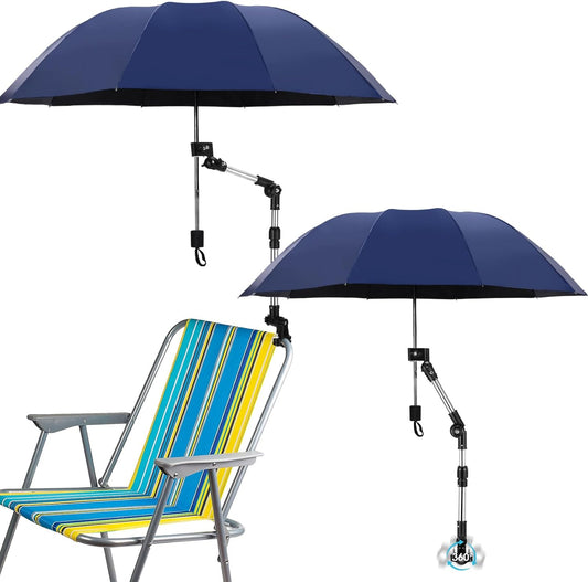 2 Pcs Beach Chair Umbrella with Clamp 49.2" 360° Adjustable Golf Umbrella with Clip and Retractable Stand Sun Shade for Camping Outdoor Travel Patio Wheelchair Golf Cart Stroller