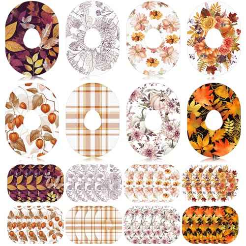 Geiserailie 32 Pcs Fall Adhesive Patches Compatible with Dexcom G7 Over Patches Waterproof and Sweatproof Sensor Cover Thanksgiving Flexible and Breathable Pre-Cut Tape Stickers
