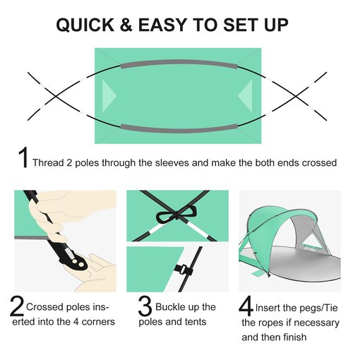 Beach Tent Sun Shelter 2-4 Person Easy Setup Canopy with UPF50+ UV Protection with 2 Zipper Doors（GN