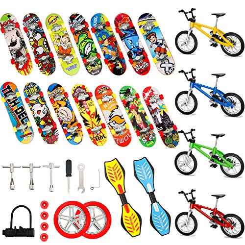 Gejoy 31 Pieces Mini Finger Toys Set Finger Skateboards for Kids Mini Bikes Tiny Swing Board with Replacement Wheels and Tools Fingertip Movement Party Favors for Kids Gifts for Ages 6 and up