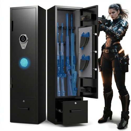 5-6 Gun Safe for Rifles and Pistols, Biometric Gun Cabinet with Drawer, Rifle Safe with Adjustable Gun Rack, 2 Pistol Pouches