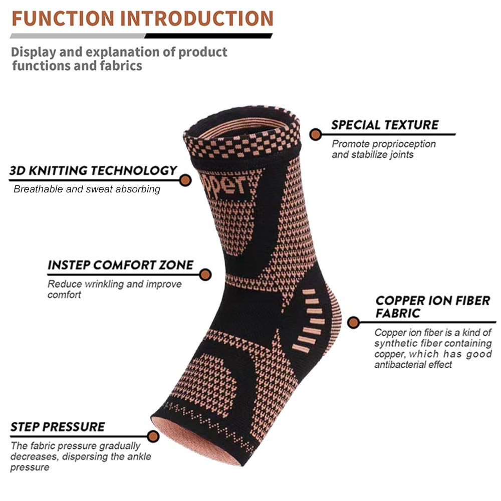 Copper Ankle Brace Copper Infused Support for Men & Women (Pair), Best Ankle Compression Sleeve Socks for Plantar Fasciitis, Sprained Ankle, Achilles Tendon, Pain Relief, Recovery, Sports Daytime or