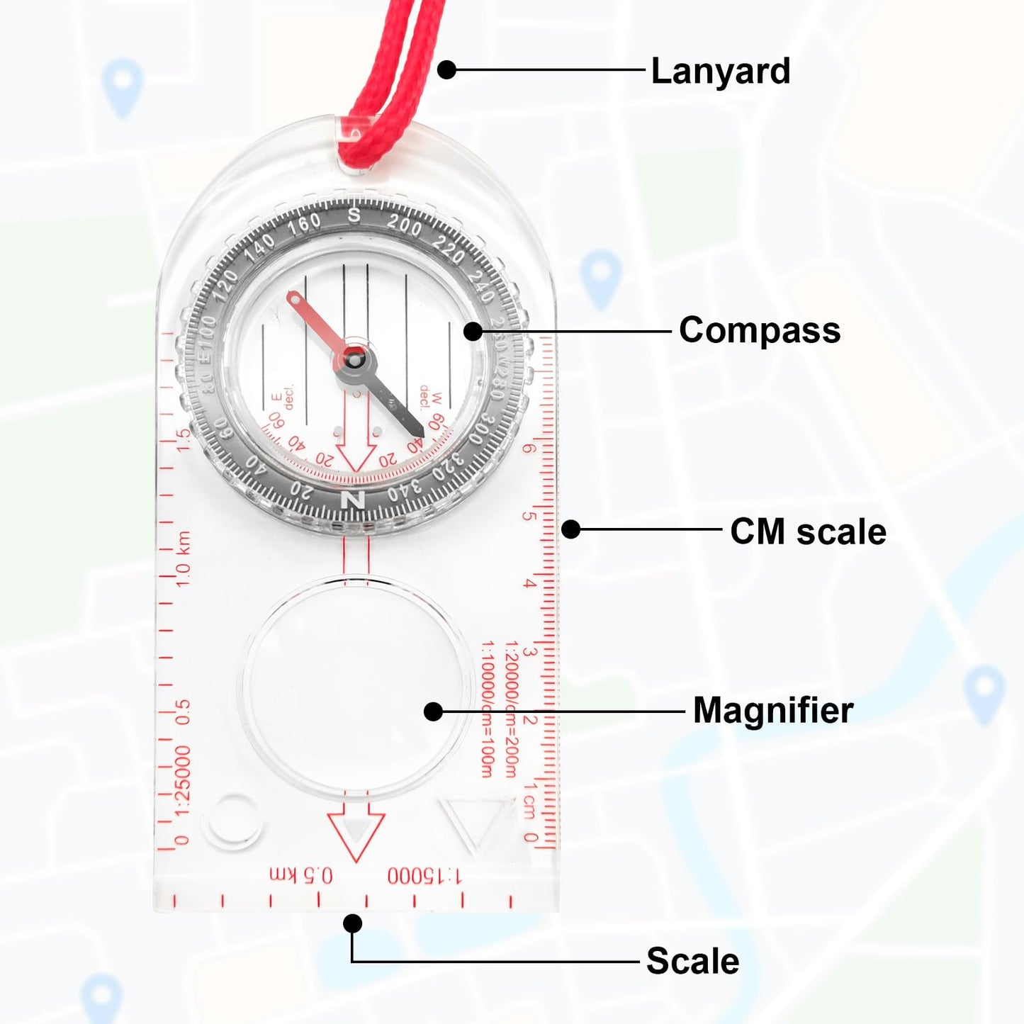 BlingKingdom Multifunctional Waterproof Navigation Compass Map Ruler Magnifier for Explorer Hiking Map Reading and Navigation with Adjustable Lanyard