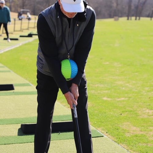 Impact Ball New & Improved, Patented Ultimate Golf Training Aid, Swing Practice Tool with Lanyard, Premium Golf Swing Trainer (Large - Blue/Yellow)