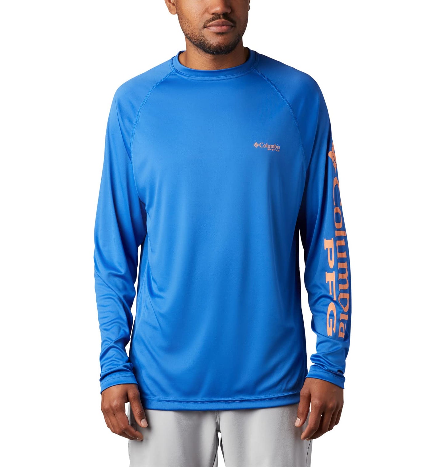 Columbia Men's Terminal Tackle Long Sleeve Fishing Shirt, Vivid Blue/Bright Nectar Logo, 5X