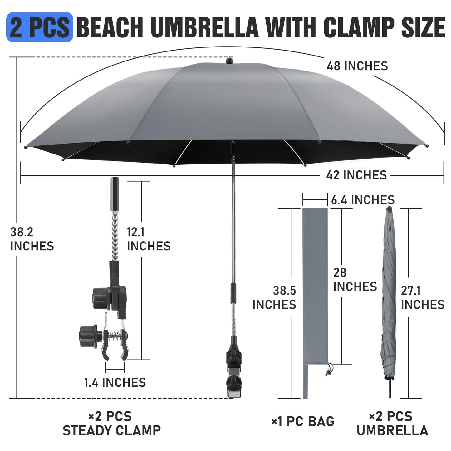 NBtoUS 2 PACK Chair Umbrella with Clamp, 360 ° Adjustable, UPF50+ Sunshade for Beach Chair, Patio Chair, Camping Chair, Golf Carts（Grey, Chair Not Included