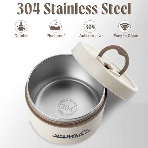 TAZKZZY Fishing Bait Container with Handle, Insulation Design and Breathable Hole, Stainless Steel Live Bait Storage Tank, Worm Container for Nightcrawlers, Keeps Live Bait Fresh and Alive, 600ML