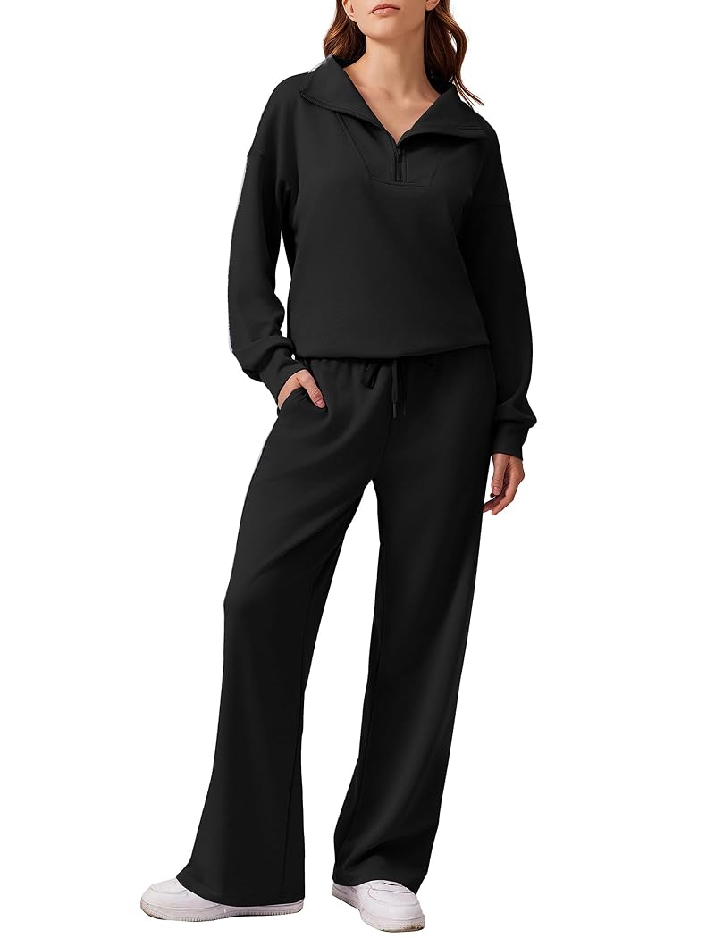 PINSPARK 2-Piece Lounge Set for Women with Half Zip Sweatshirt & Wide-Leg Pants - Black, Medium, Standard