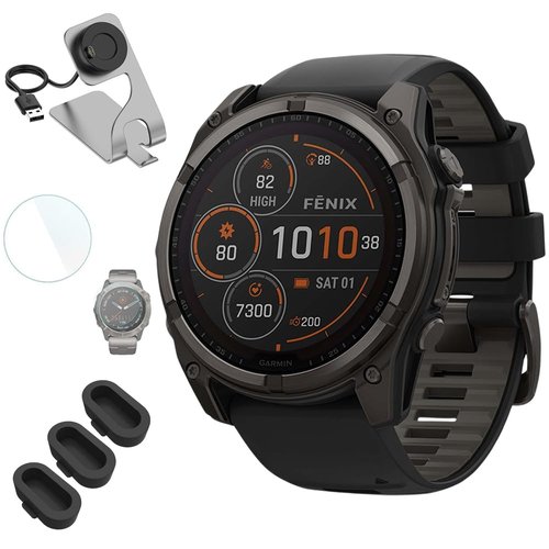 Garmin 010-02906-10 Fenix 8 47 mm, Solar Sapphire, Carbon Gray DLC Titanium with Black/Pebble Gray Bundle with Deco Essentials Charging Dock, 3X Silicone Dust Cover and 1.4 Inch Screen Protector