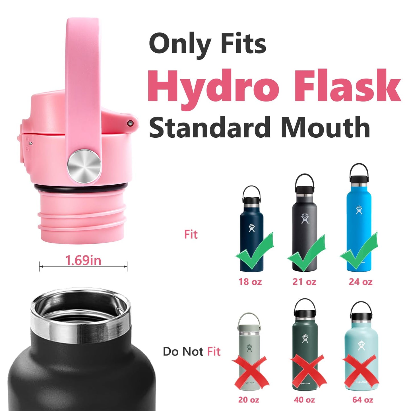 Auto Flip Lid for Hydro Flask Standard Mouth Bottle, Spout lid for HydroFlask Narrow Mouth Bottle, Replacement Lid with Button Lock, Pink