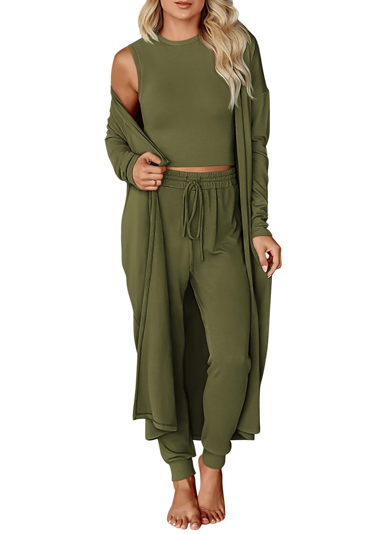 KIRUNDO 3 Piece Lounge Sets for Women Airport Travel Vacation Outfits 2026 Fall Cardigan Matching Sleeveless Top Jogger Pants
