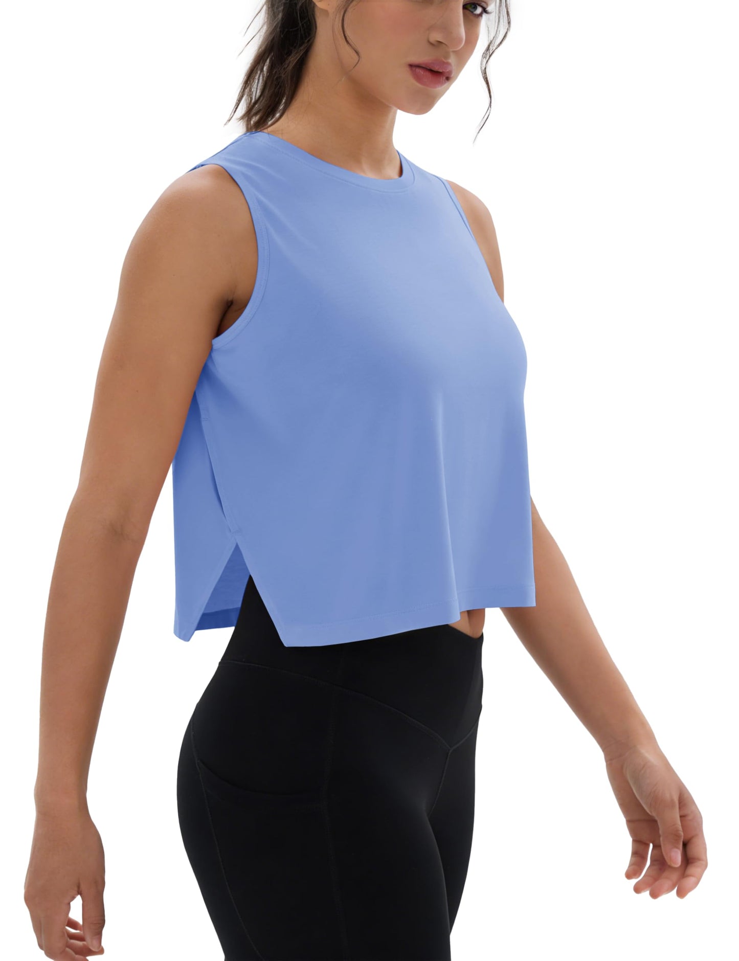 MAGCOMSEN Workout Tank Tops Women Cropped Yoga Top Loose Sleeveless Muscle T-Shirts Athletic Moisture Wick Blue M