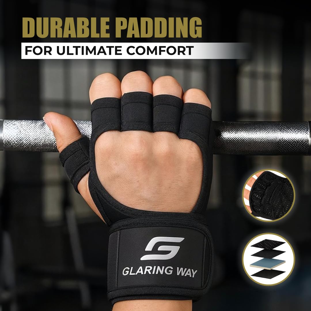 Ventilated Weight Lifting Gloves for Men & Women with Wrist Wrap Support – Neoprene Padded Workout Gym Gloves with Full Palm Protection, Strong Grip for Fitness, Training & CrossFit (Black, Large)
