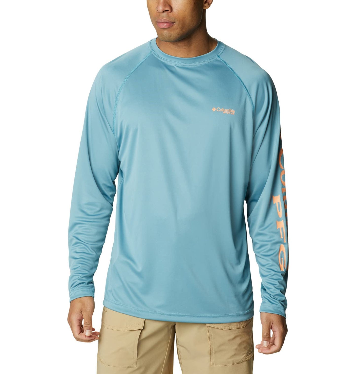 Columbia Men's Terminal Tackle Long Sleeve Shirt, Storm/Bright Nectar Logo, Large Tall