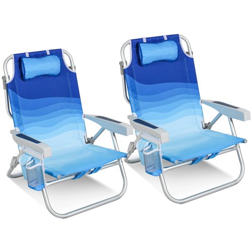 Low Beach Chairs for Adults 2 Pack– 5-Position Reclining Backpack Chair with Large Insulated Cooler & Storage Pocket, Aluminum Frame, Portable for Travel & Outdoor, Supports 300lbs, Wave Blue