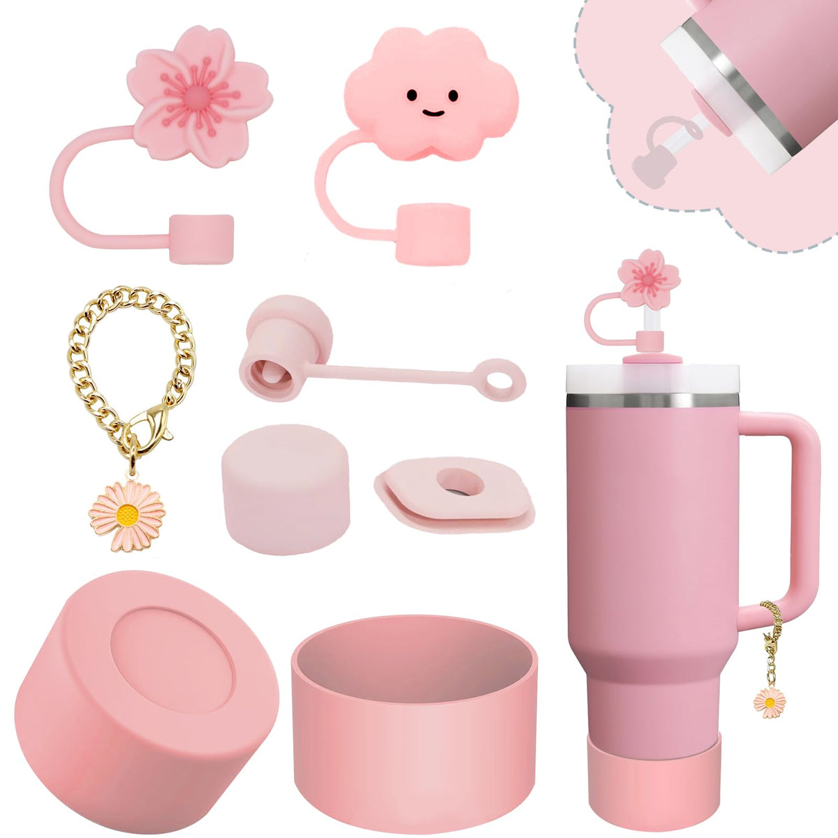 Stanley Cup Accessories Set,Including 2 Pcs 0.4in Straw Cover, 1 Silicone Spill-Proof Stopper Set of 3, 1 Cute Flowers Handle Charm, 1 Silicone Boot Fits Stanley 40&30 Oz Tumbler (Pink 2.0)