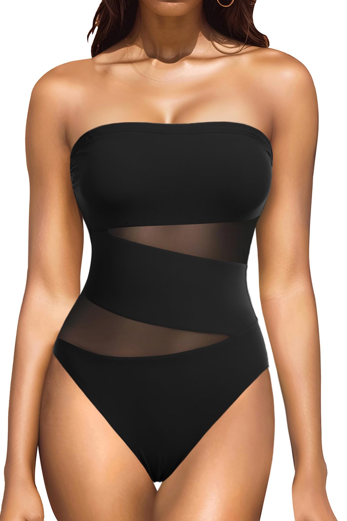Holipick Women Black Strapless One Piece Swimsuit Tummy Control Bandeau Bathing Suit Mesh Cutout Swimwear M