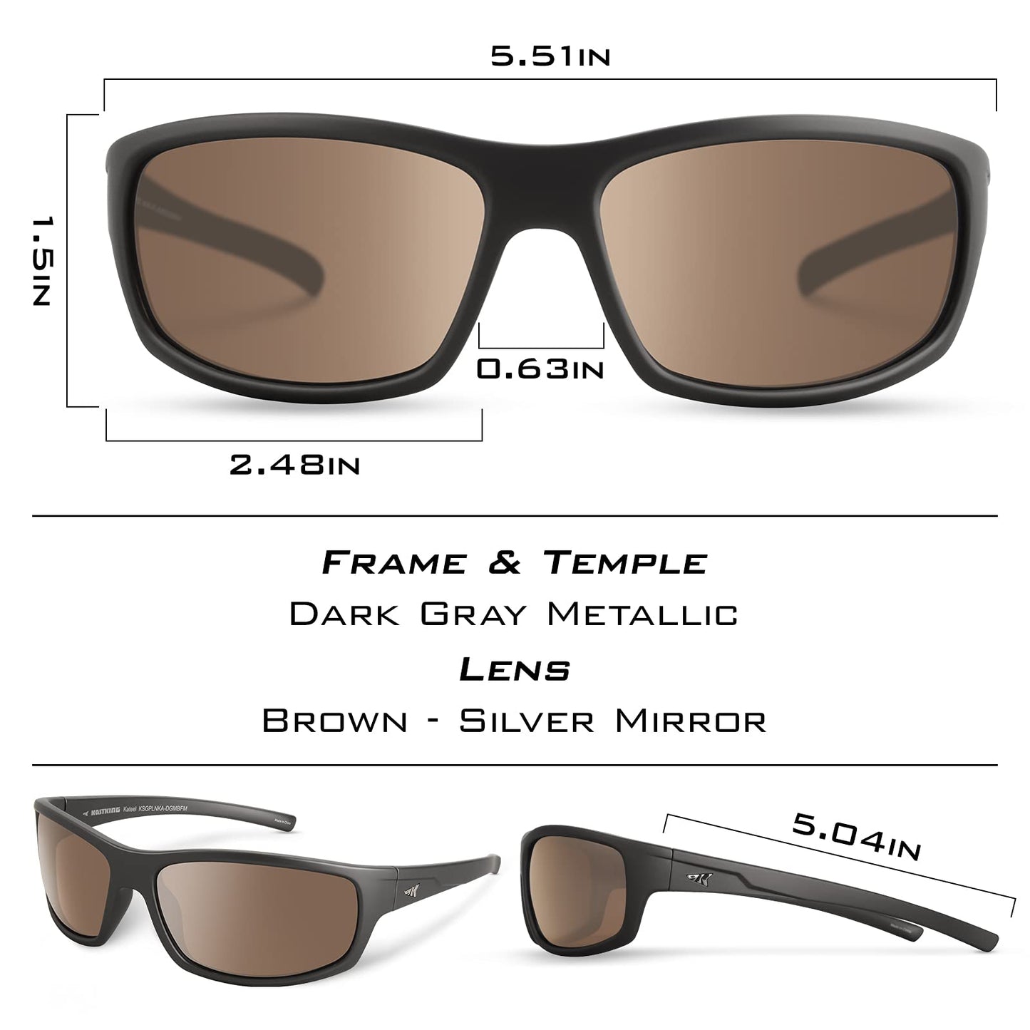 KastKing Kateel Polarized Sport Sunglasses for Men and Women, Dark Gray Metallic Frame, Brown - Silver Mirror