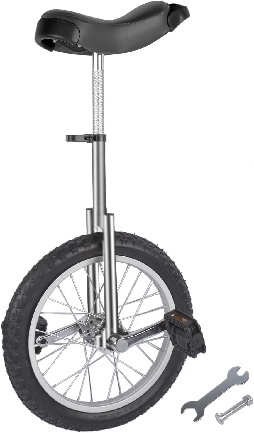 16 Inch Wheel Unicycle Balance Fitness Exercise Adult Kids Outdoor Sports Training Cycling Unicycle with Steel Rim,Mountain Tire Cycling Sports Exercise with Adjustable Seat(Silver)