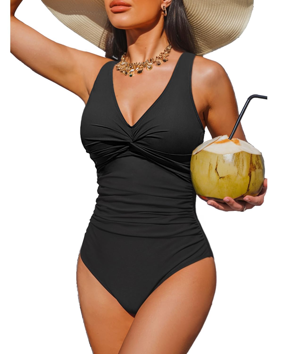 Holipick Black Plus Size Women Tummy Control One Piece Swimsuit - Push Up Bathing Suit Full Coverage Slimming Swimwear 24 Plus (US 24W)
