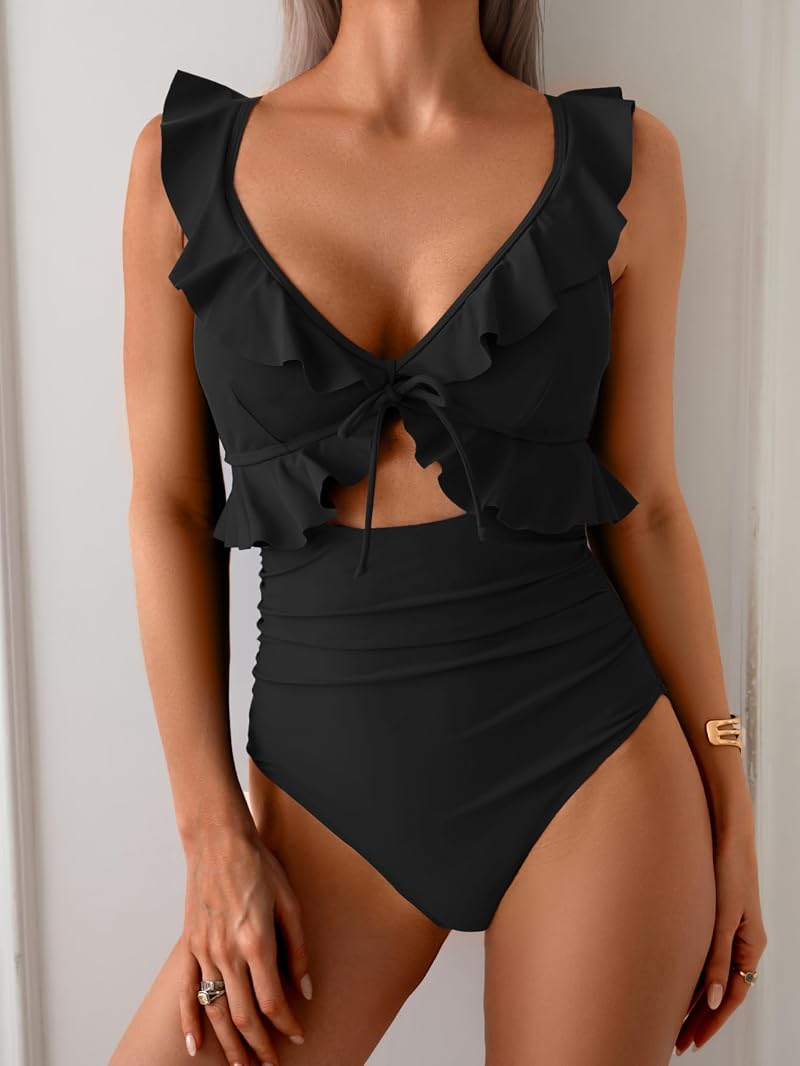 Eomenie One-Piece Swimsuit for Women with Tummy Control, Ruffle, Push-Up Cups - Black, Large