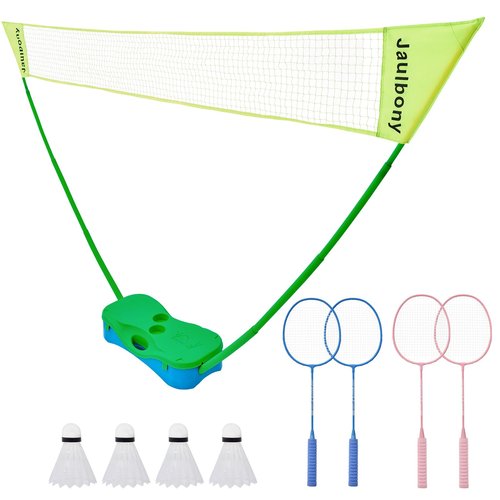 Portable Badminton Net Set Lightweight All-Plastic No-Tool Assembly with 4 Foam Handle Rackets & Nylon Shuttlecocks Carry Case with Cup Holder, Ideal for Backyard, Beach & Park Outdoor Game, Green