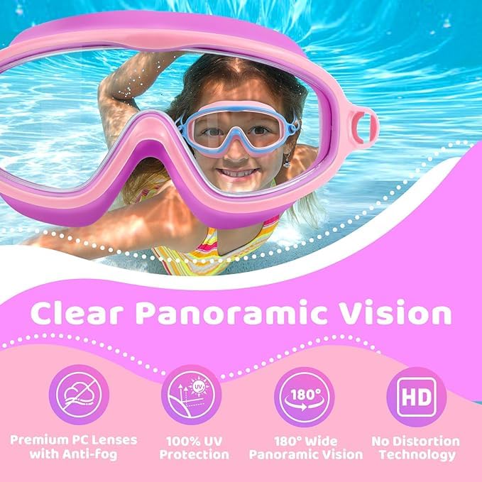 Kids Swim Goggles Wide View Anti-Fog UV Bungee Strap - Light Blue & Purple