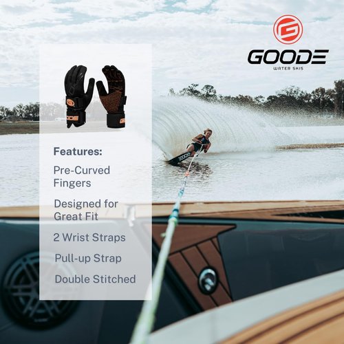 Goode 43 Pro Water Ski Gloves – Pre-Curved Finger Design, Double Stitched Amara Palm for Superior Grip and Durability, Dual Wrist Straps, Pull-Up Strap, Embroidered Logos, Performance Fit - Large