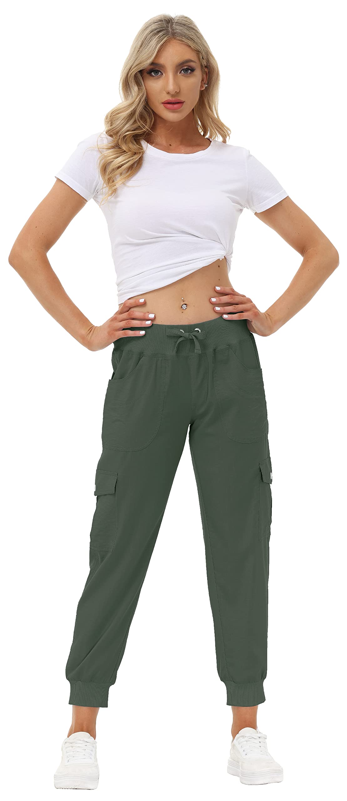 MoFiz Women's Hiking Pants Cargo Joggers Sweatpants with Pockets Lightweight Quick Dry Outdoor Summer Casual Athletic Elastic Waist Army Green S
