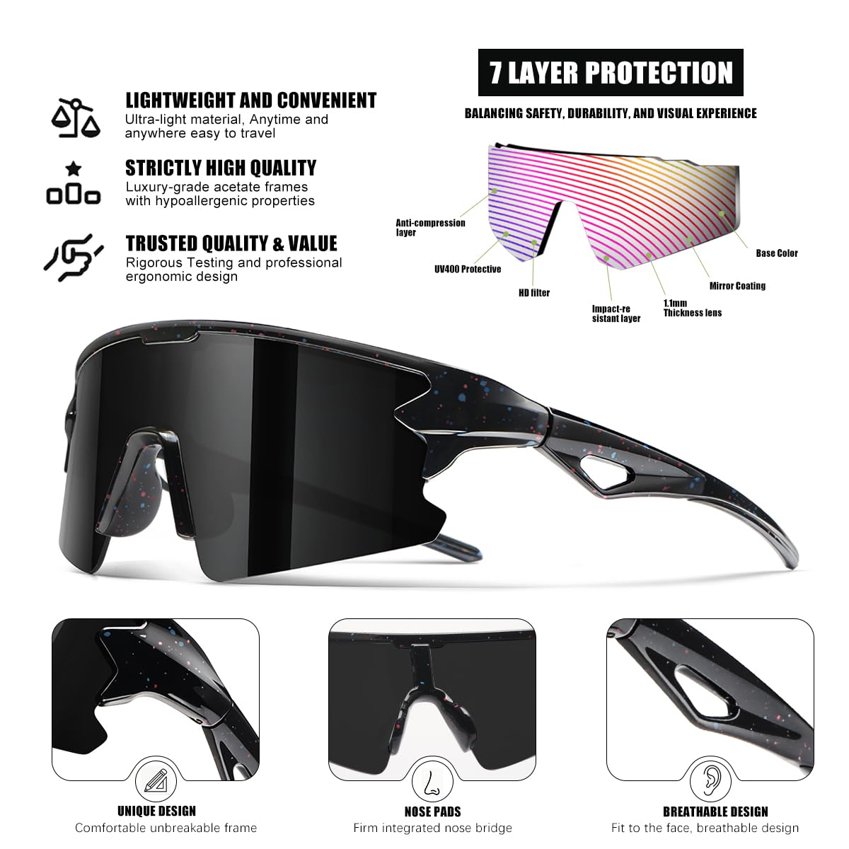 SQOQS Youth Baseball Sunglasses for Boys Girls Kids Sports Sun Glasses Softball Cycling UV400 Protection Ages 3-14
