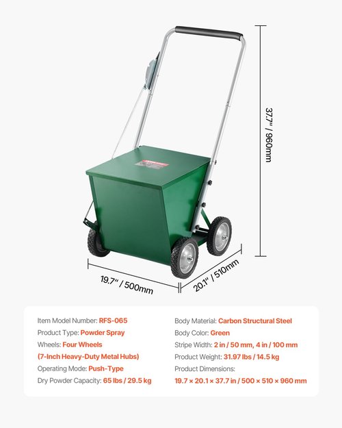 VEVOR 65 lbs Dry Line Chalker with Heavy-Duty Metal Wheels, Adjustable 2 or 4 Inch Dry Line Marker Machine for Baseball & Softball, Wheeled with Rubber Handle, Large Powder Capacity, Green