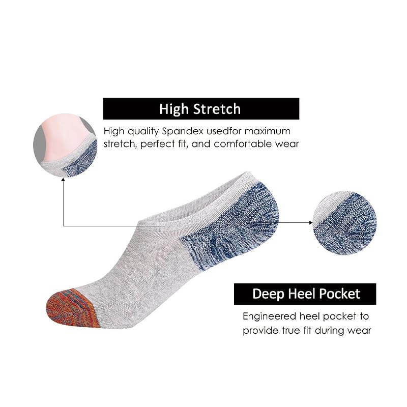 Joynée Men's 6 Pack No-Show Socks with Silicone Grips, 81% Cotton Grey (6 Pairs)
