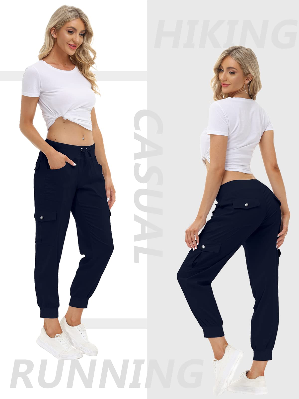 MoFiz Women Cargo Pants with Pockets Lightweight Outdoor Summer Travel Casual Hiking Pants Running Joggers Sweatpants Elastic Waist Navy 4XL