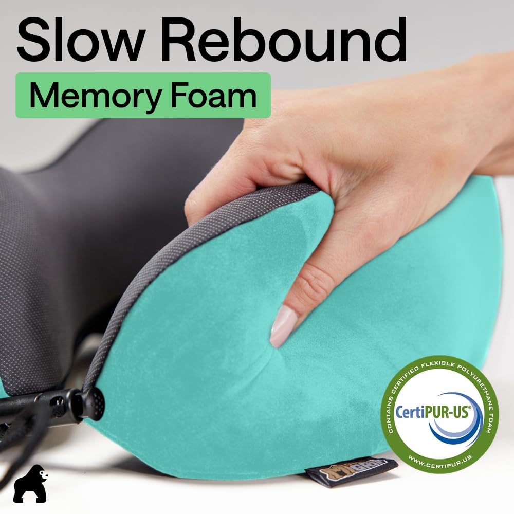 GORILLA GRIP Adjustable Travel Neck Pillow for Airplanes, CertiPUR-US® Memory Foam, Soft Velvet, Cooling Mesh Pillows, Support Headrest for Sleeping, Traveling Essentials, Flight Accessories Turquoise