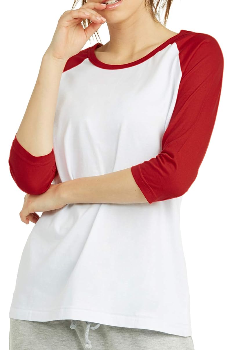Cottonbell Women’s Baseball Tee Shirt 3/4 Sleeve White/Red Medium